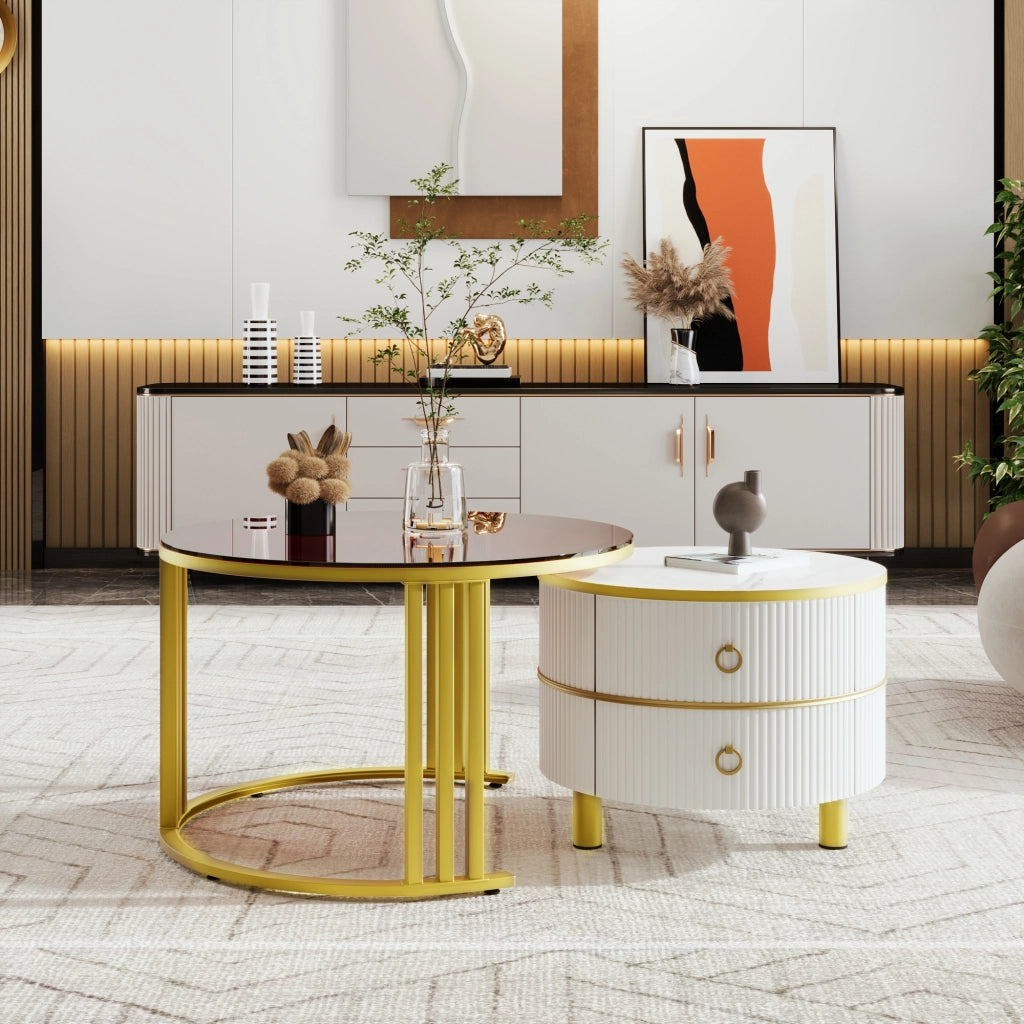 Tavolino da caffè set di 2; 70x70x45 cm e 50x50x40 cm; design rotondo con 2 cassetti; vetro e MDF bianco