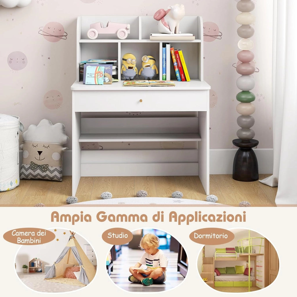 Scrivania in Legno 80 x 48 x 102 cm per Bambini 3+ Anni, Scrivania Cameretta Bambina con 5 Mensole, 1 Cassetto, Spazio di Lavoro e Angoli Arrotondati, Ideale per Studio e Disegno (Bianco)