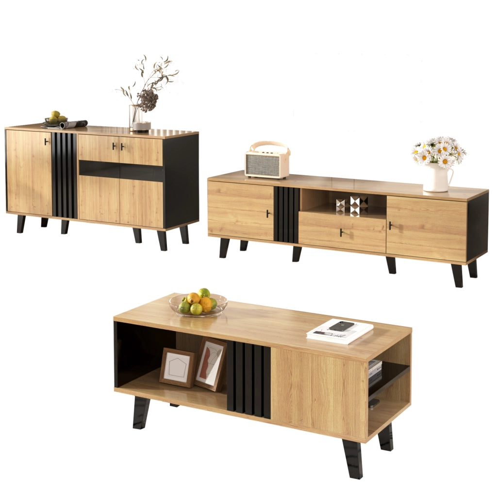 Sideboard 140x78,5x41 cm in legno e nero con ante, LED e ripiani interni