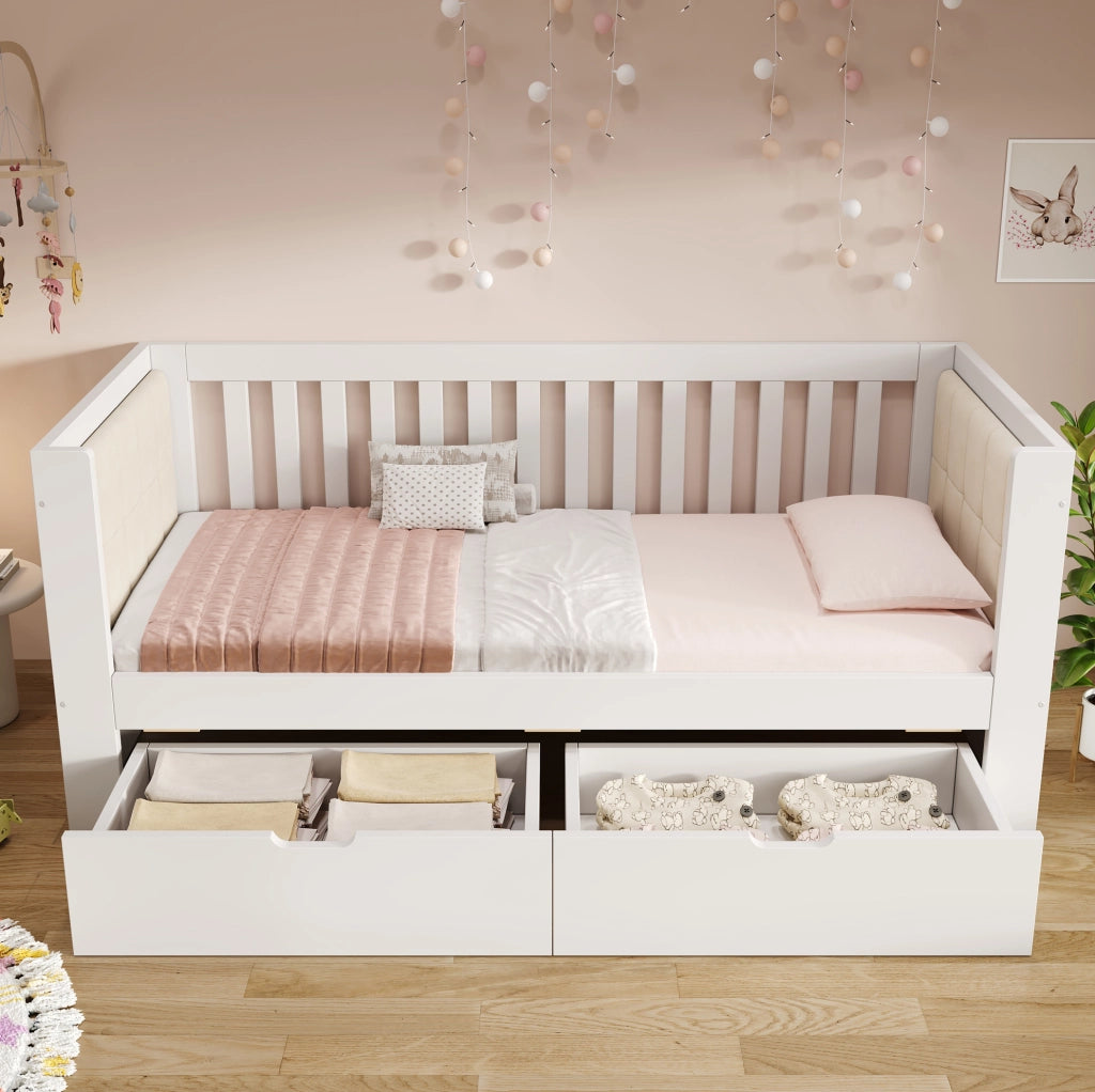 Letto singolo 90x200 cm bianco con 2 cassetti in legno