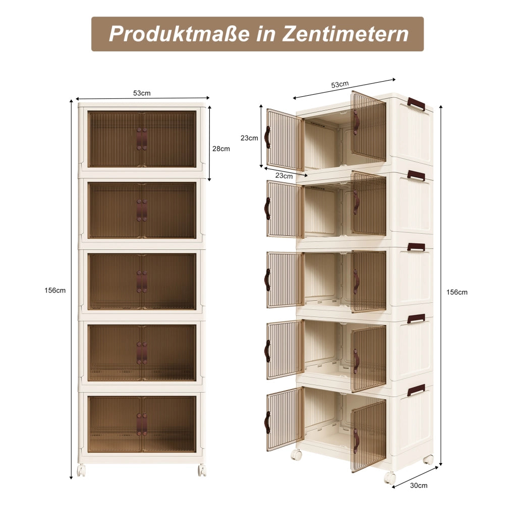 Armadio contenitore pieghevole a 5 livelli in PP bianco con porte magnetiche e ruote