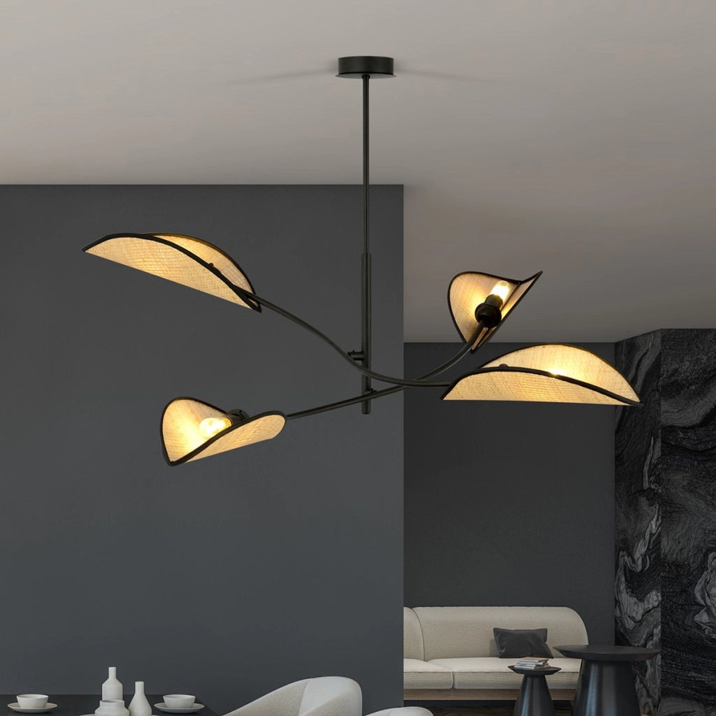 Lampada a sospensione Lotus in acciaio nero e rattan