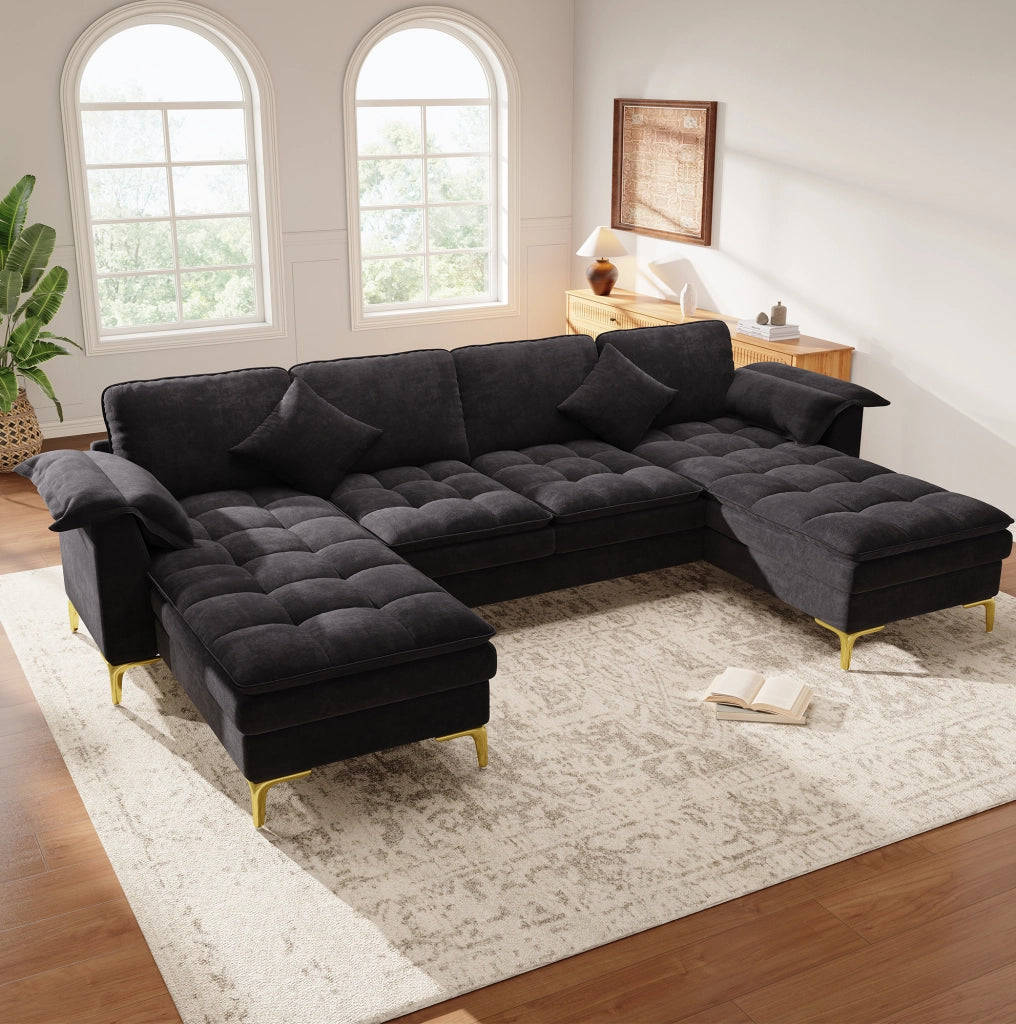 Divano angolare a U 262x134 cm nero in ciniglia; 2 chaise longue
