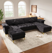 Divano angolare a U 262x134 cm nero in ciniglia; 2 chaise longue