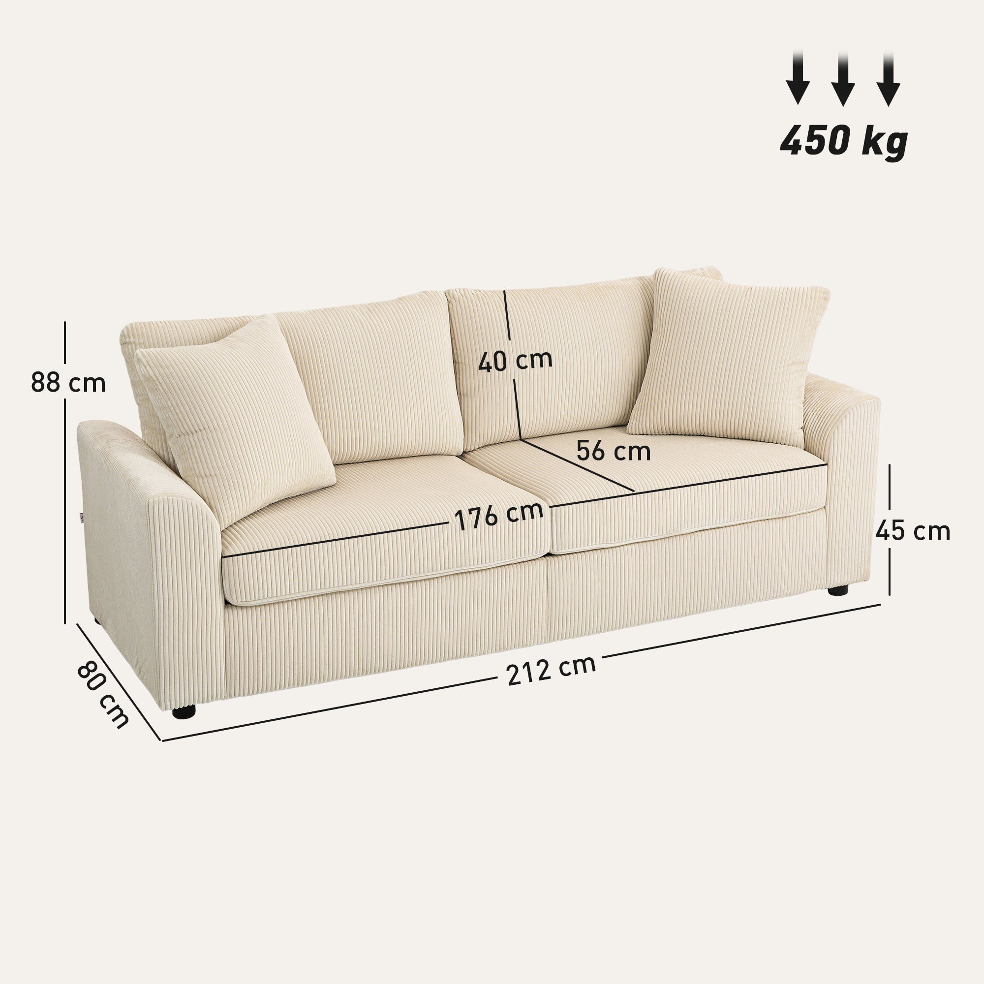 Divano 3 Posti con Molle Insacchettate e 2 Cuscini 212x80x88 cm in Velluto a Coste Bianco Crema