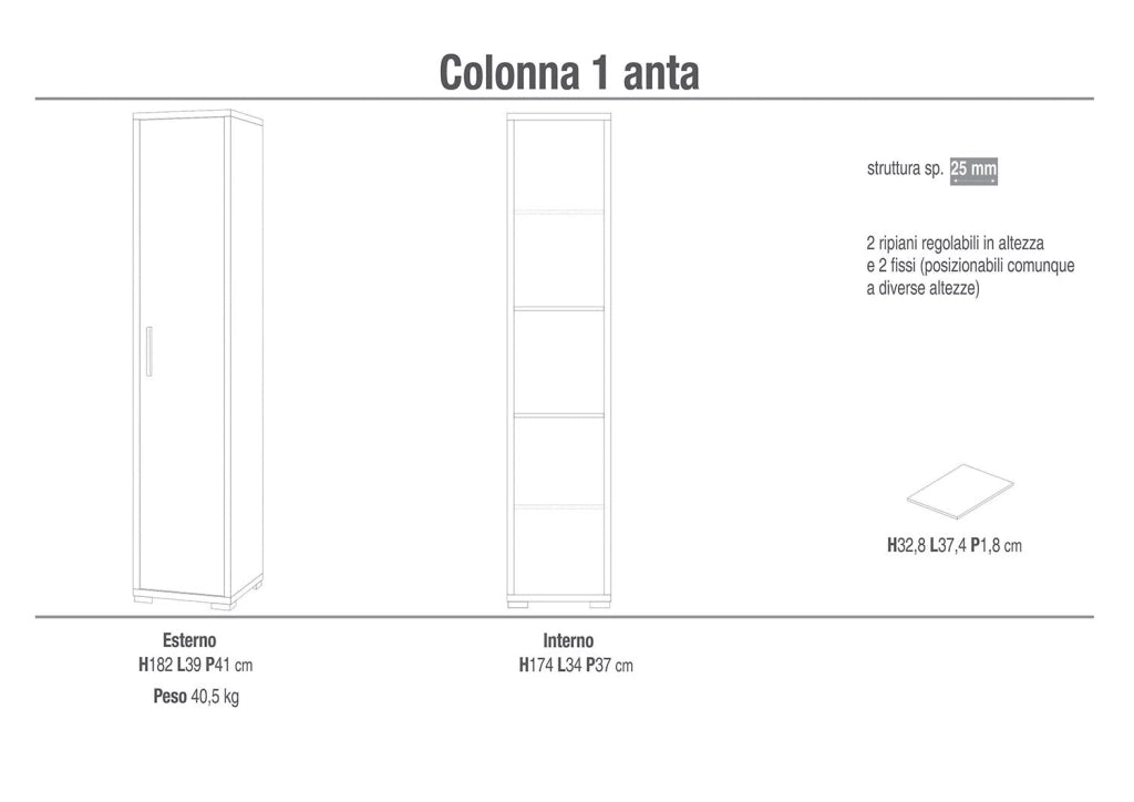 Armadio 1 Anta 39x182x41 cm Noce Stelvio/Ossido Bianco