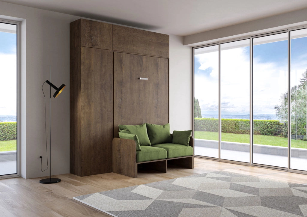 Letto una piazza e mezzo a scomparsa 120 Kentaro con divano e mobili noce, verde