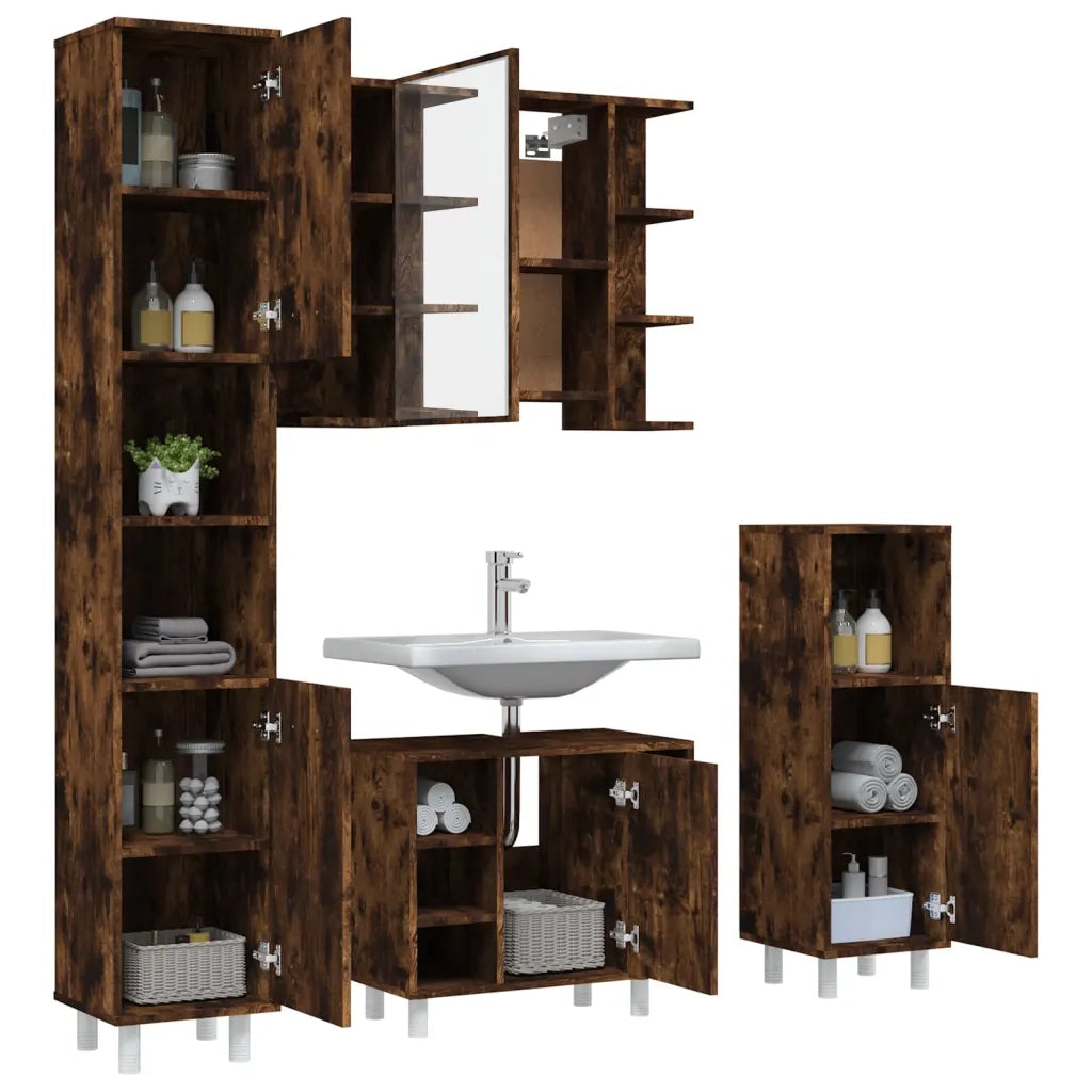 Set Mobili da Bagno 4 pz Rovere Fumo in Legno Multistrato