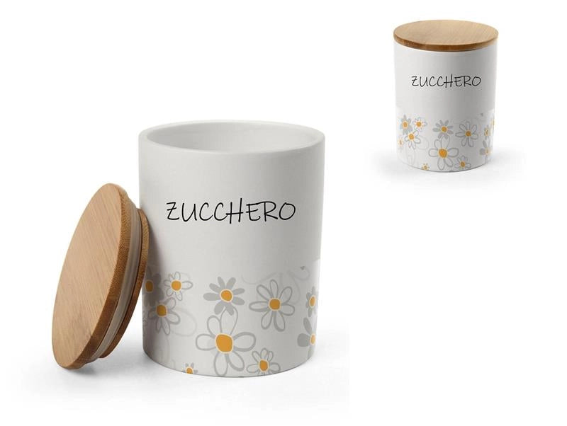BARATTOLO TONDO PER ZUCCHERO IN CERAMICA CON TAPPO IN LEGNO 10X13 CM DAISY