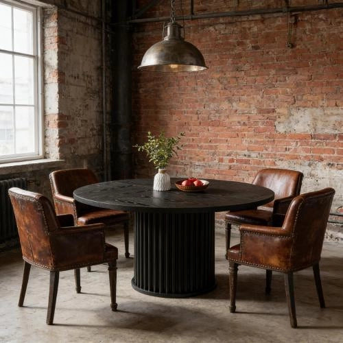 Tavolo rotondo moderno nero per cucina e sala da pranzo, struttura in MDF e base in metallo, fino a 6 posti