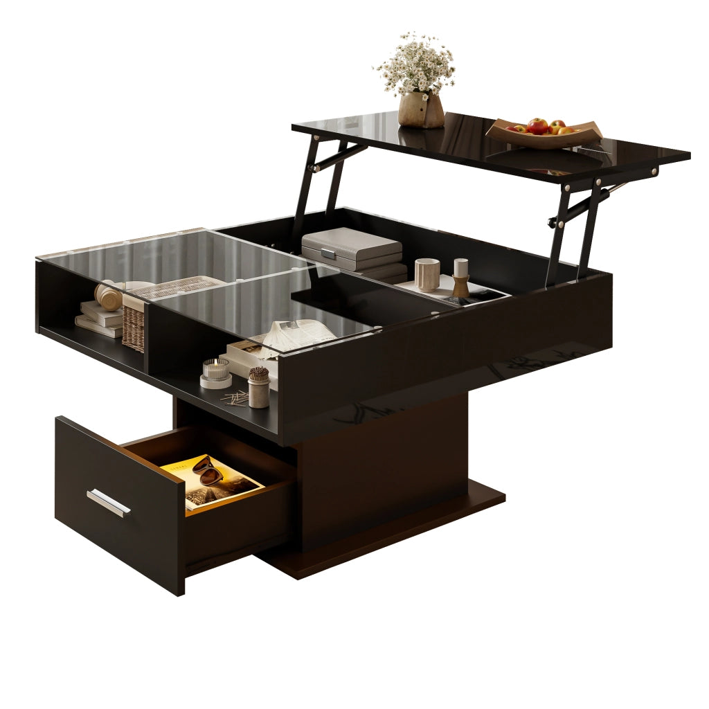 Tavolino da Caffè Sollevabile con 1 Cassetto e 1 Vano e LED; Finitura Parzialmente Lucida; Stile Moderno; in Pannello Truciolare; Nero