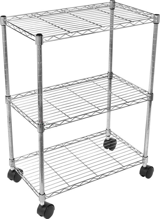 Organizzatore per attrezzi con 3 piani, ruote, contenitori regolabili, organizzatore in acciaio a filo, 58,4 cm x 33 cm x 76 cm, cromato
