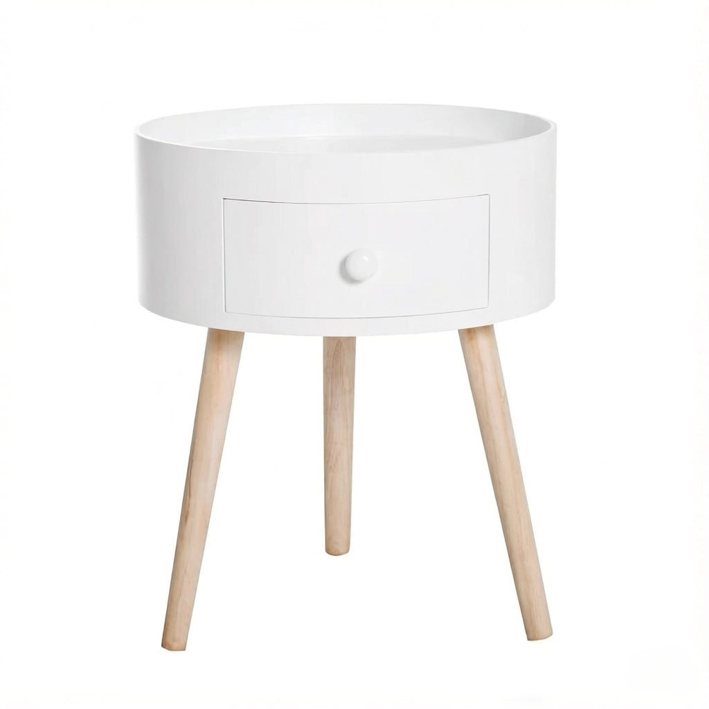 Comodino rotondo con 1 cassetto e piano con bordo; in MDF e legno massello; bianco e legno; 38×38×45 cm