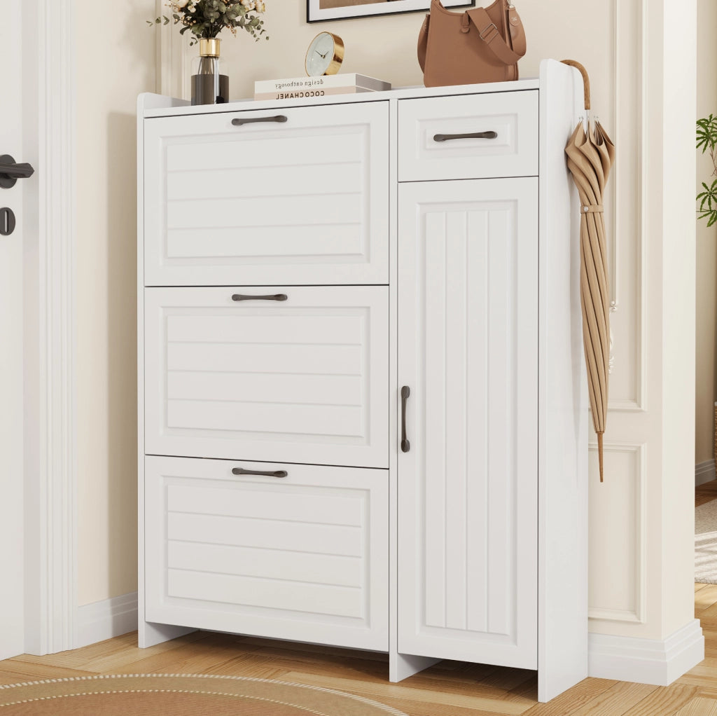 Mobile portascarpe bianco con 3 ribalte e cassetto 92x24x121 cm