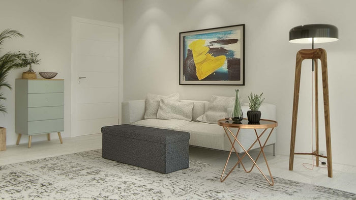 Pouf contenitore Valora PUFA in MDF grigio scuro, tessuto simile al lino