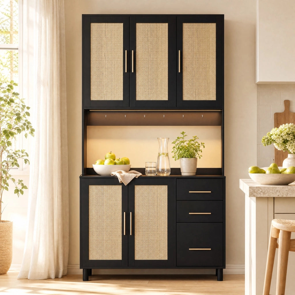 Credenza da cucina con LED controllabile tramite app; prese e porta USB; 3 cassetti; ripiani regolabili nera