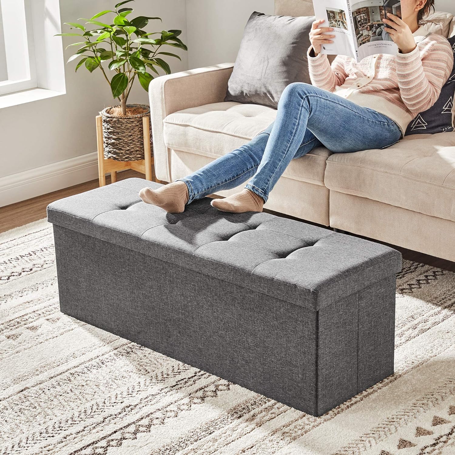 Pouf contenitore Valora PUFA in MDF grigio scuro, tessuto simile al lino