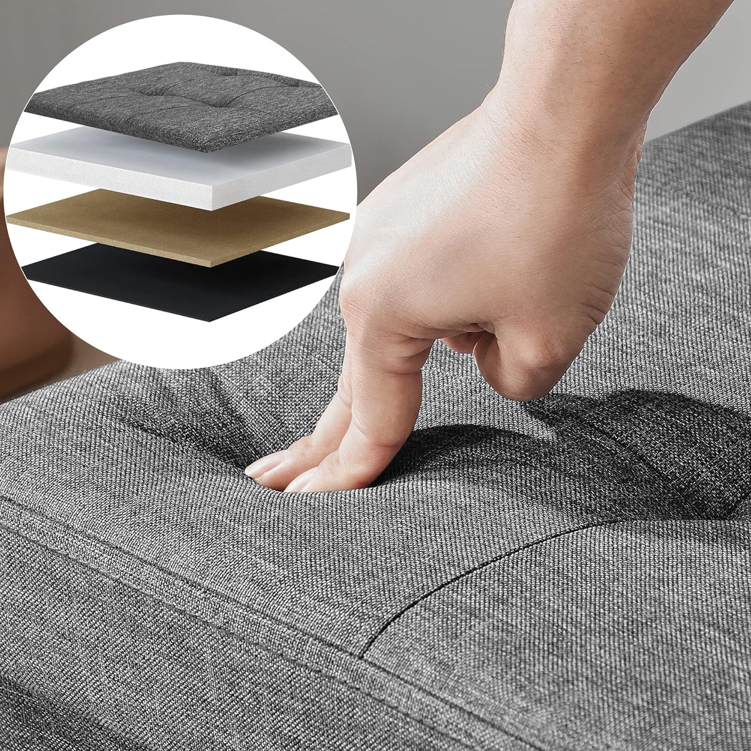 Pouf contenitore Valora PUFA in MDF grigio scuro, tessuto simile al lino