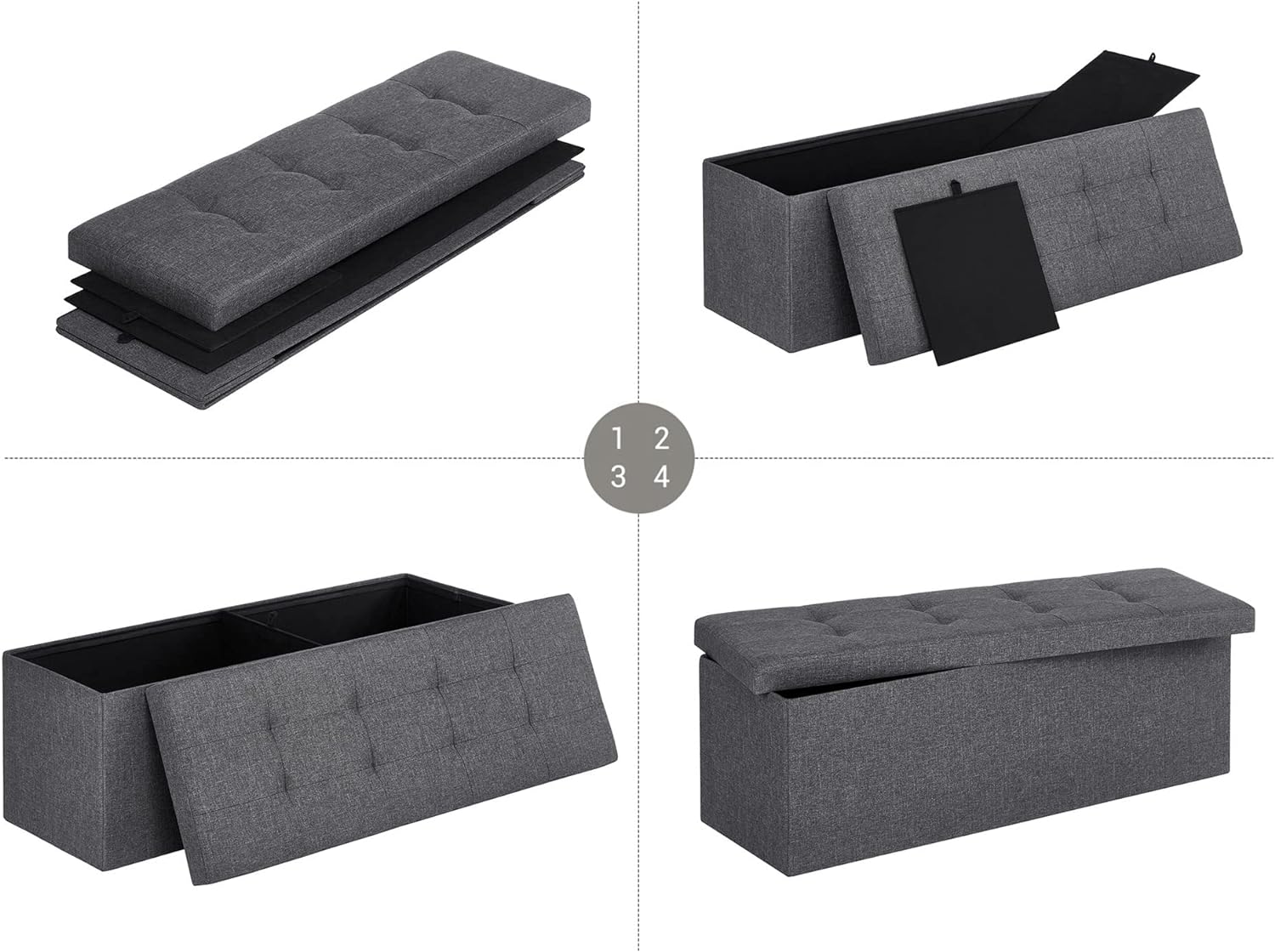 Pouf contenitore Valora PUFA in MDF grigio scuro, tessuto simile al lino