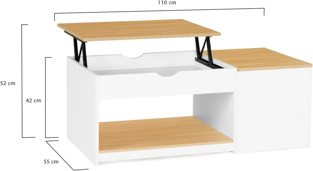Tavolino ELEA a 2 ante sollevabili con struttura in legno bianco ed effetto faggio