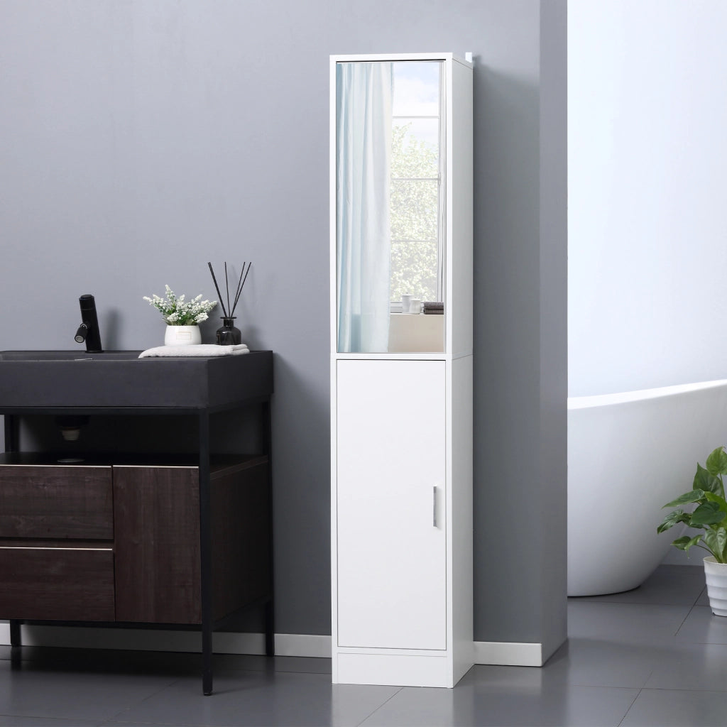 Mobile Colonna Bagno in Legno con Anta a Specchio ¨C zephmum ¨C 5 Ripiani, Bianco, 32x28x162 cm