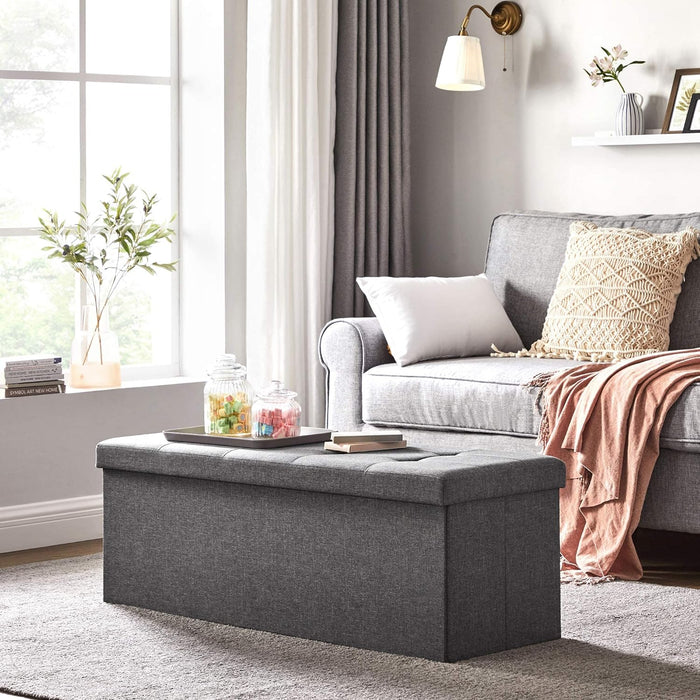 Pouf contenitore Valora PUFA in MDF grigio scuro, tessuto simile al lino