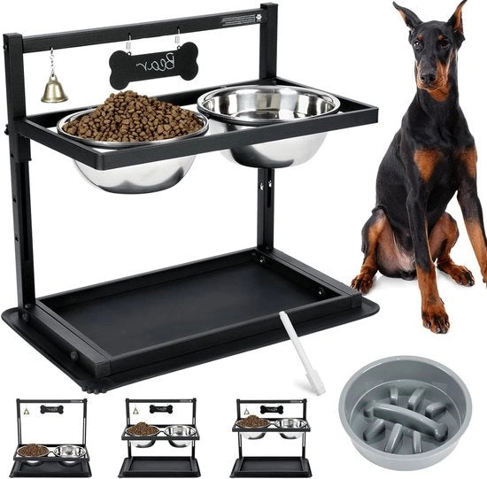Bacini per cani elevati con alimentatore lento - Altezza pratica per cani grandi con 2 ciotole in acciaio inossidabile e pavimento resistente alle macchie