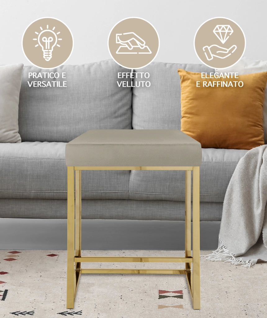 Sgabello Moderno In Velluto Sedile imbottito Gambe In Acciaio Dorato Senza Schienale Casa Sedia Cucina Bar Pub Seduta Rialzata Di Design - Tortora