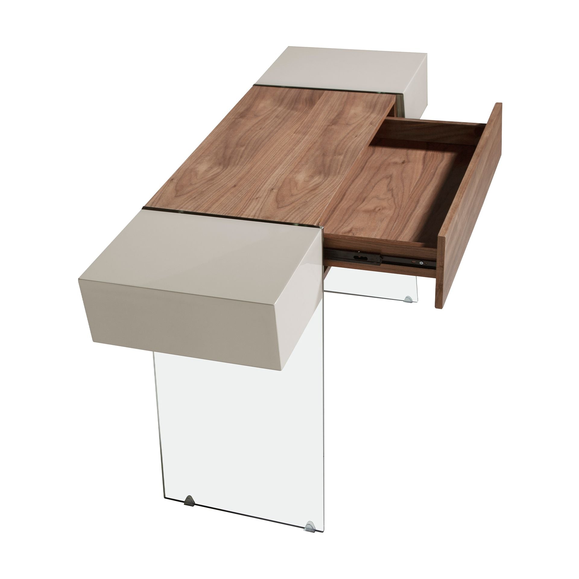 Consolle rettangolare in legno grigio, noce e vetro temperato