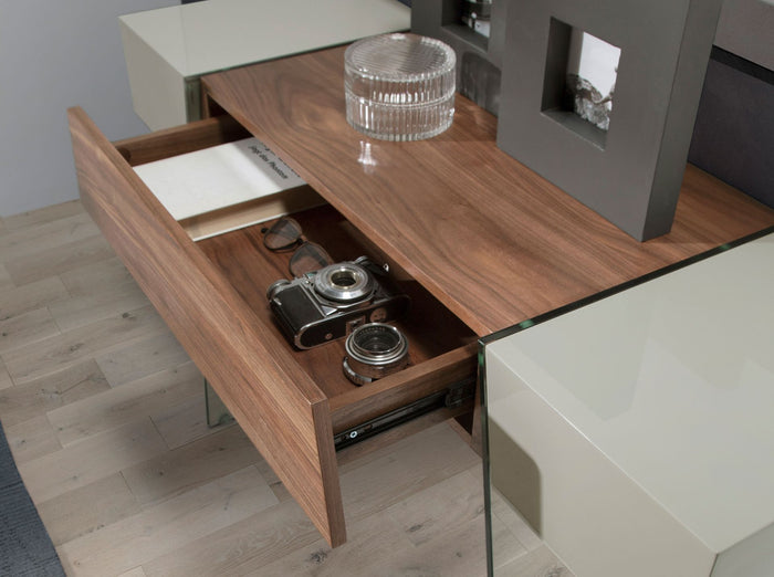 Consolle rettangolare in legno grigio, noce e vetro temperato