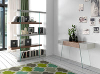 Consolle rettangolare in legno grigio, noce e vetro temperato