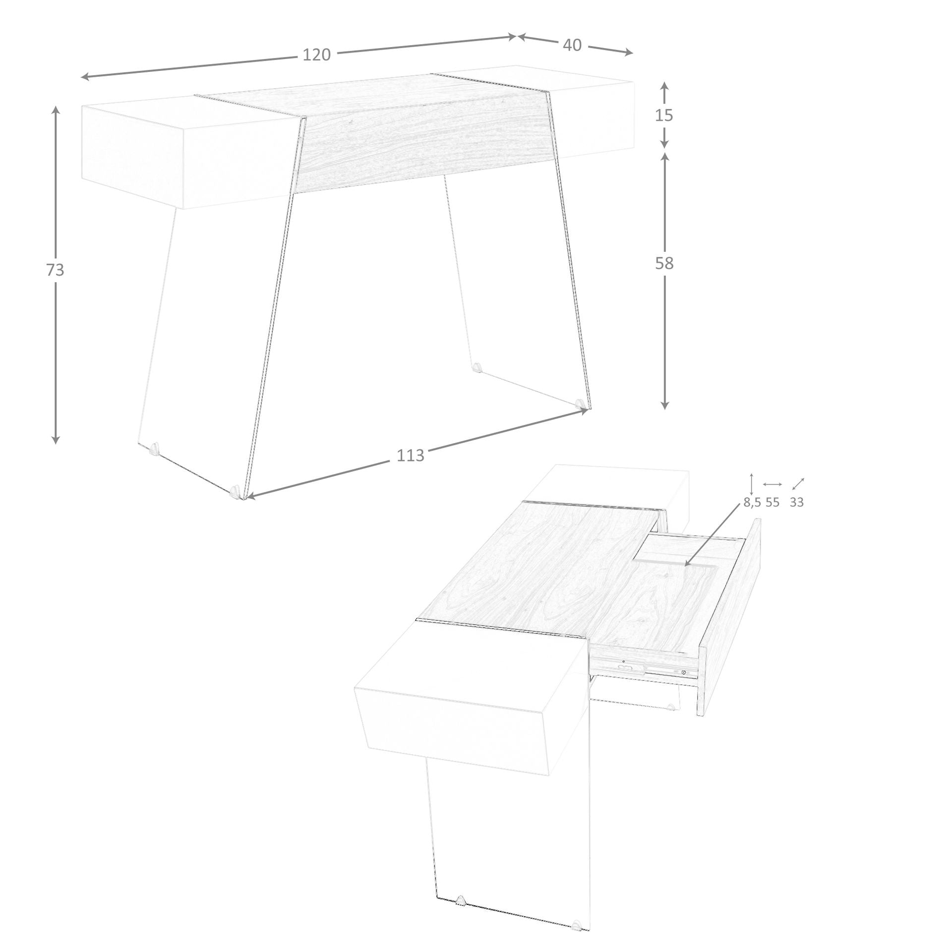 Consolle rettangolare in legno grigio, noce e vetro temperato