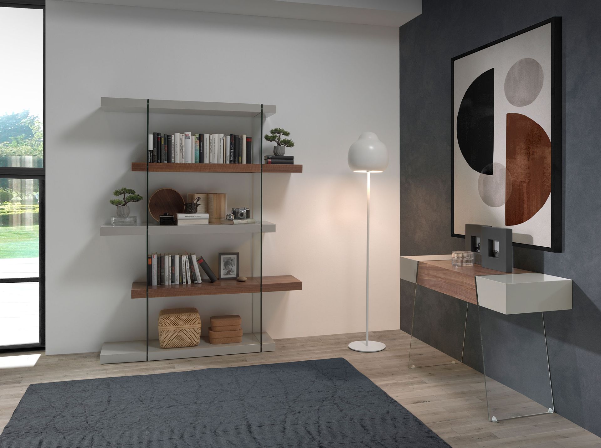 Consolle rettangolare in legno grigio, noce e vetro temperato