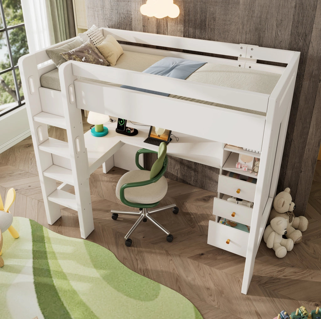 Letto a soppalco ULEVR 90x200 cm con scrivania angolare, 3 cassetti, 3 ripiani e ricarica USB/Type-C, bianco