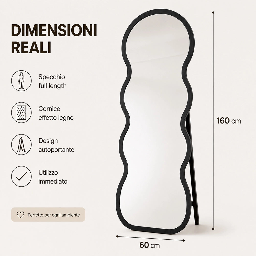 Specchio Ondulato Nero Autoportante Struttura in Legno Design Moderno 160x60cm