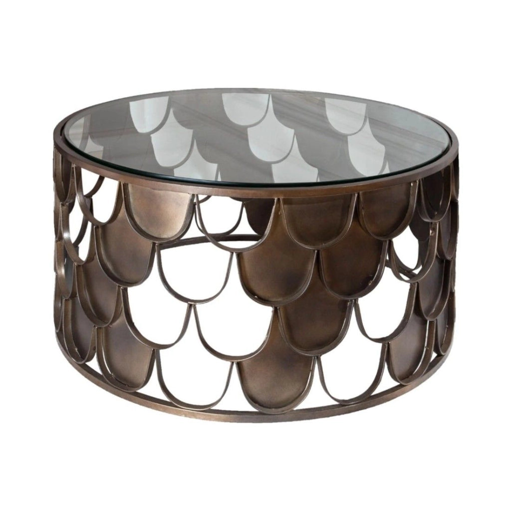 Tavolino basso METRIX rotondo 60 cm bronzo con struttura effetto squama – Tavolino basso design in metallo e vetro temperato