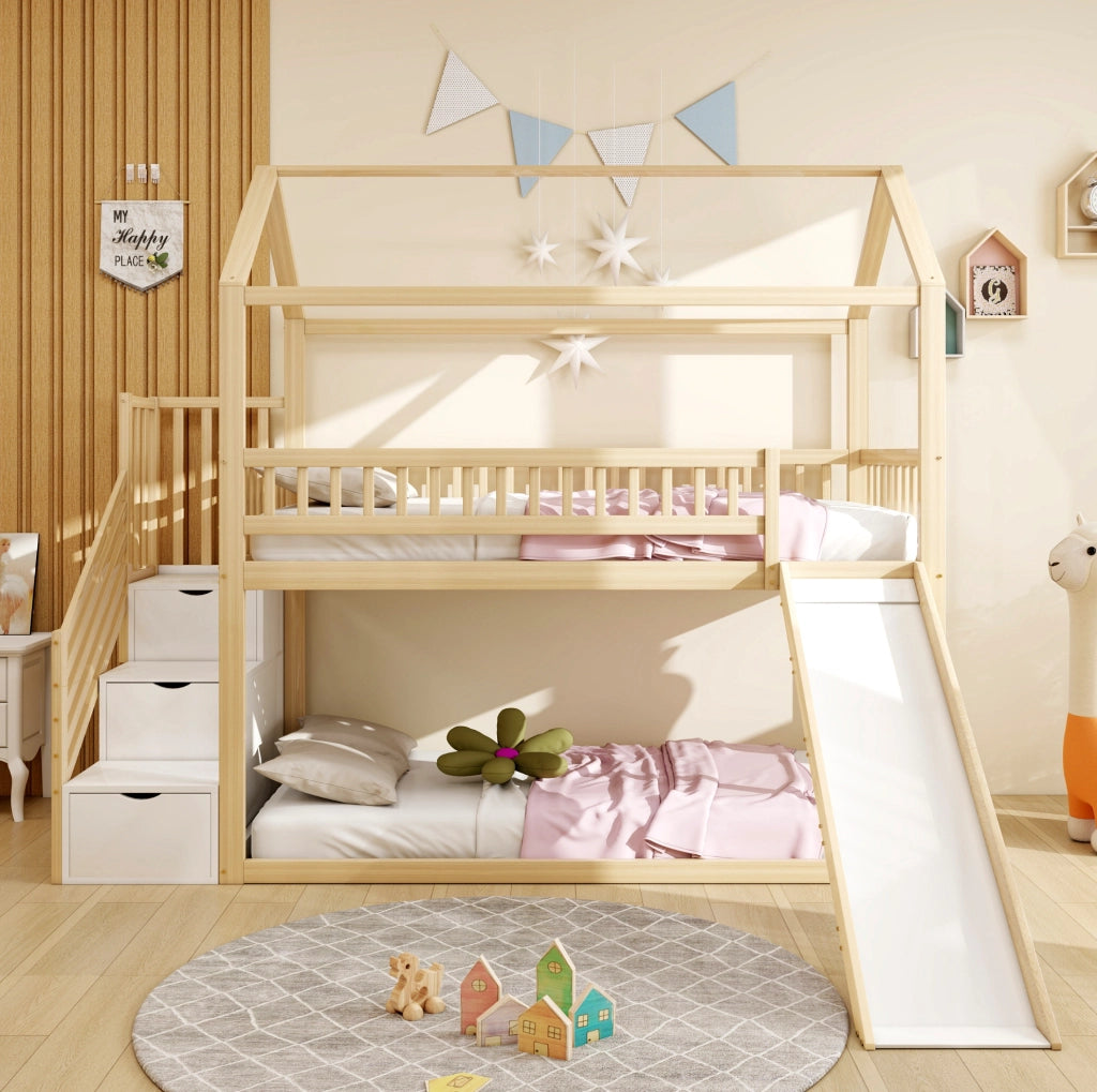 Letto a soppalco 90x200 cm con scivolo e scala contenitore in legno colore naturale