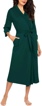 Kimono da Sposa in Lino Leggero con Motivi a Maglia Verde Scuro, Taglia XXL