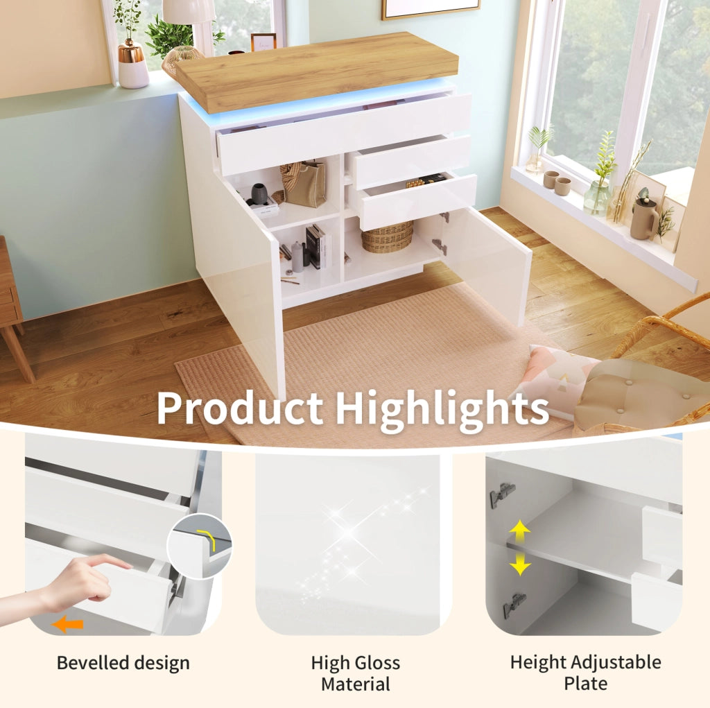 Sideboard lucido bianco con LED; 115 x 110 x 39 cm; in truciolare e MDF