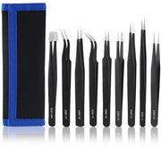 Set di pinzette a precisione 9 pezzi - Set di pinzette antistatiche - Acciaio inox resistente - Nero - Per elettronica e gioielleria - Ideale per amatori