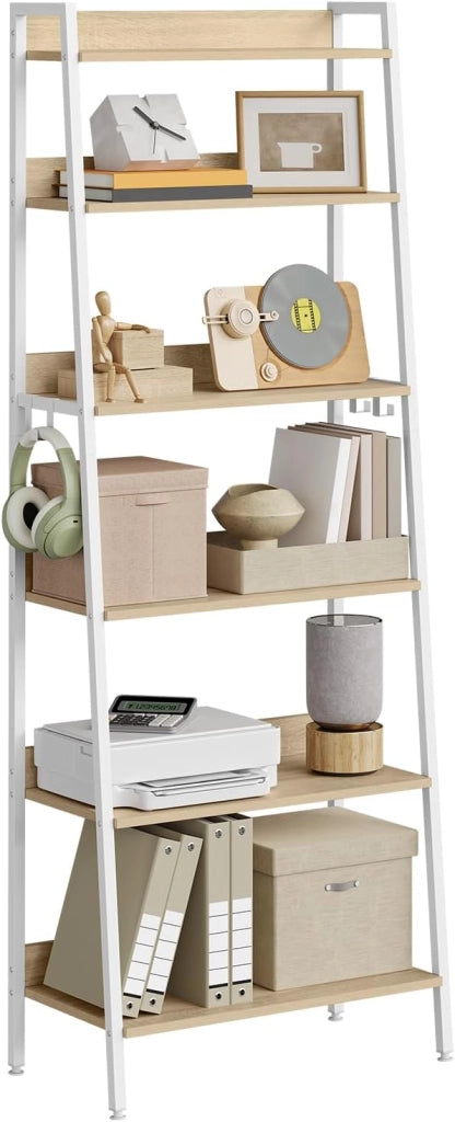 Libreria a 6 Ripiani, Scaffale con 4 Ganci Industriale, Scaffale a Scala in MDF e Metallo per Soggiorno, Cucina, Studio, Ufficio,Bianco, 41x36x187cm RGB30whe