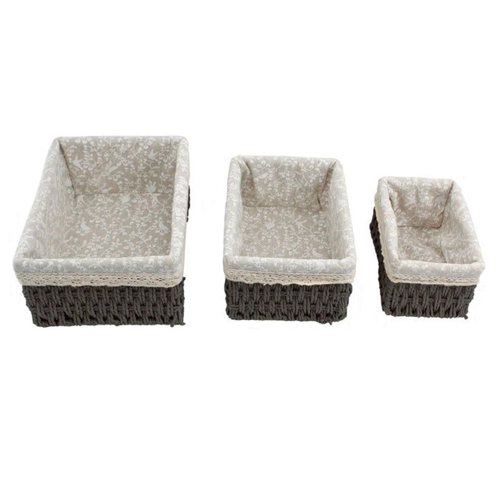 Trade Shop - Set 3 Pz Porta Oggetti Organizer Cestino Intrecciato Vimini Con Fodera In Tessuto 79157 -