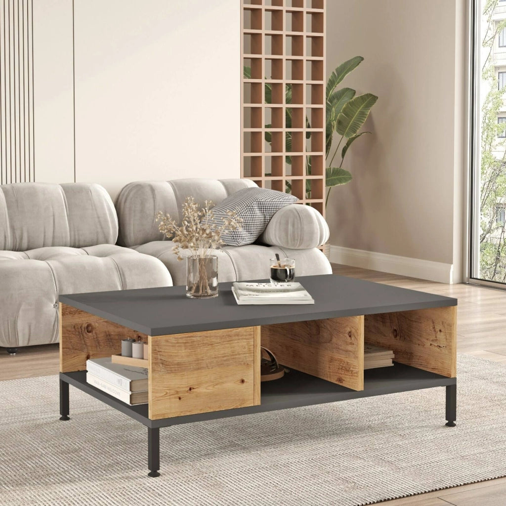 Lemie, Tavolino da Salotto 3 Vani, 60x90x33.1h cm Marrone Antracite