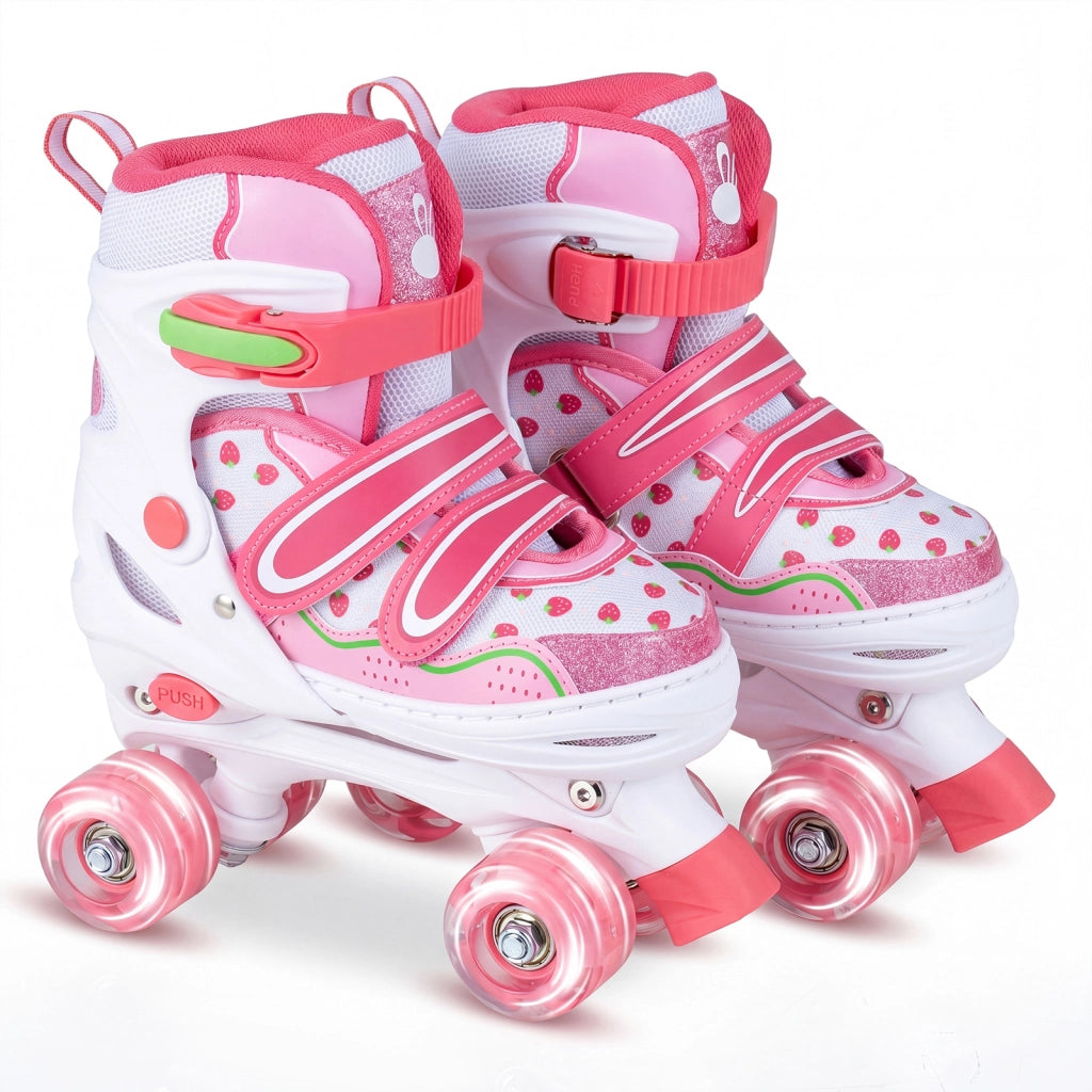 Pattini a rotelle per bambini regolabile in 4 misure, Pattini in linea con 4 ruote luminose tripla protezione cuscinetti lisci e freno Rosa M