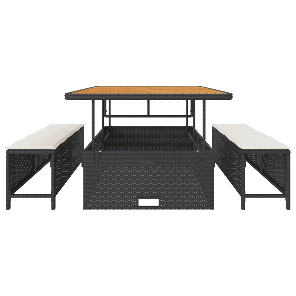 Set da pranzo da giardino 3 pezzi con cuscini in polirattan nero e acacia