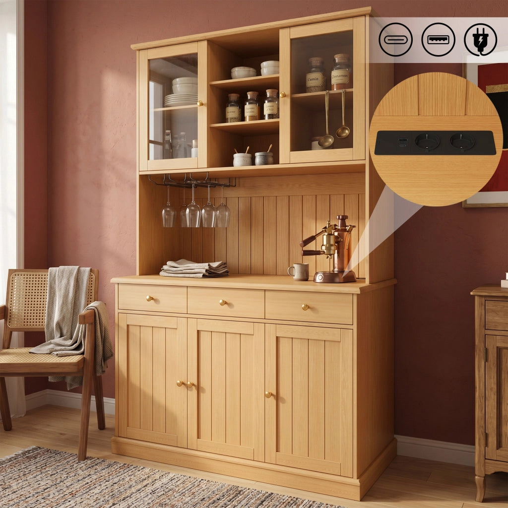 Credenza alta con ante in vetro; cassetto e prese USB - per cucina e soggiorno - in truciolato - 120×40×191 cm - naturale