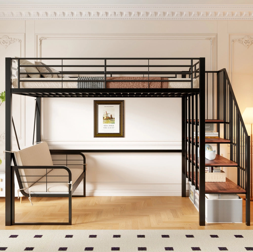 Letto a castello 140x200 cm in metallo e MDF con divano imbottito rimovibile; scala contenitore; nero