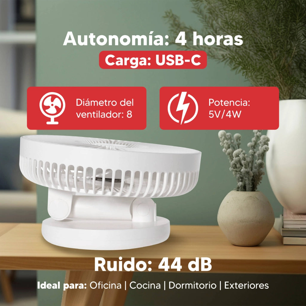 Ventilatore da tavolo ricaricabile 30cm, batteria litio 2000mAh, 5 pale 3 velocità, oscillazione 4h autonomia - SOGO