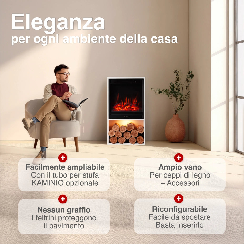 KAMINIO Camino elettrico HUGO - Stufa elettrica con riscaldamento, effetto fiamma 3D, luce ambiente a LED, scomparto de legno, telecomando - Bianco
