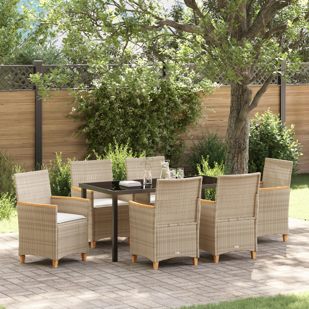 Set da Pranzo da Giardino 7 Pezzi con Cuscini Beige Polyrattan